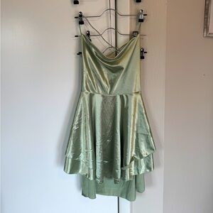 Lace up back cowl neck satin cocktail dress in sage green size XL